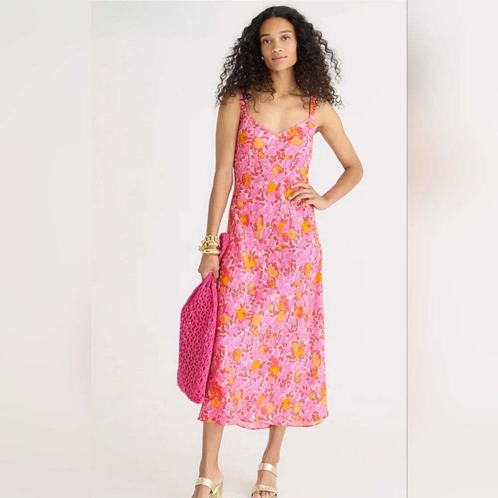 J. Crew Gwyneth V-Neck Cupro Blend Slip Dress In Pink Limone Print sz 6 Tall